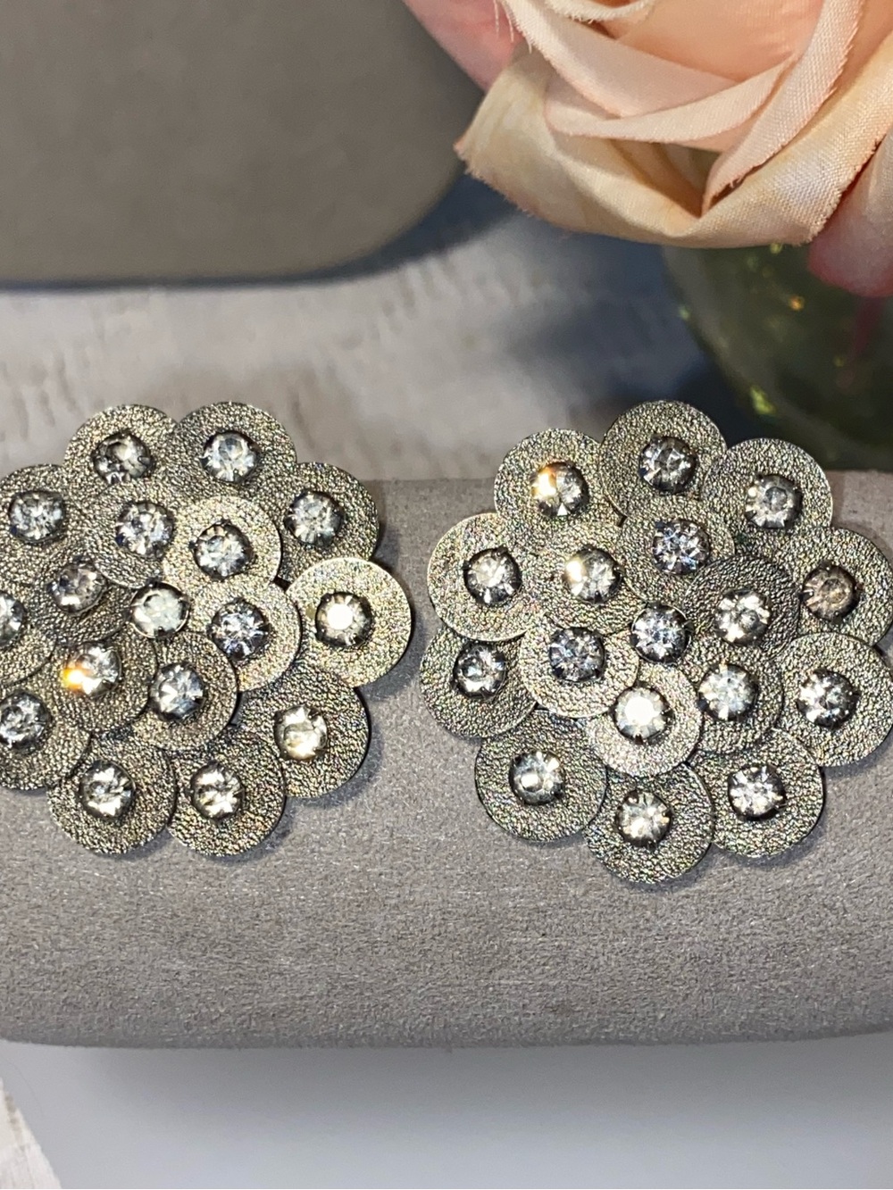 Vintage Rhinestone Floral Cluster Clip Earrings